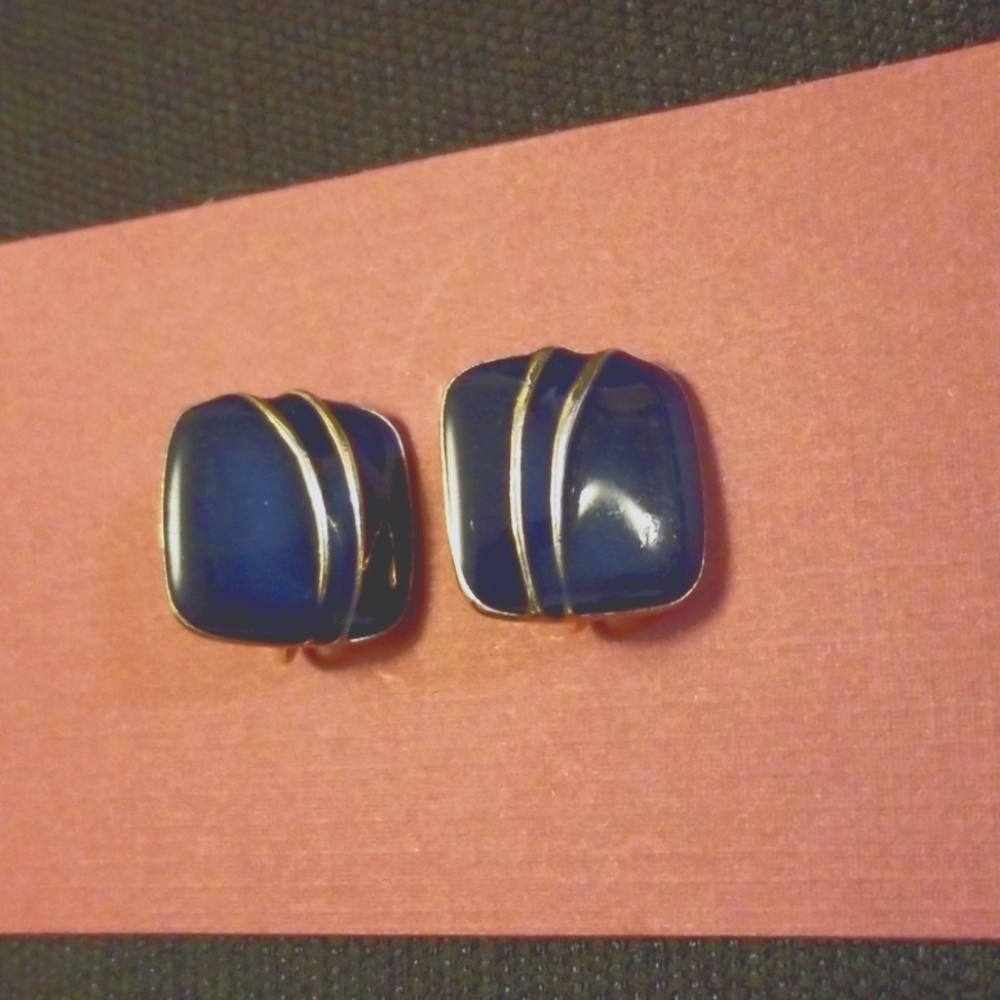 Vintage Blue and Gold Clip On Earrings